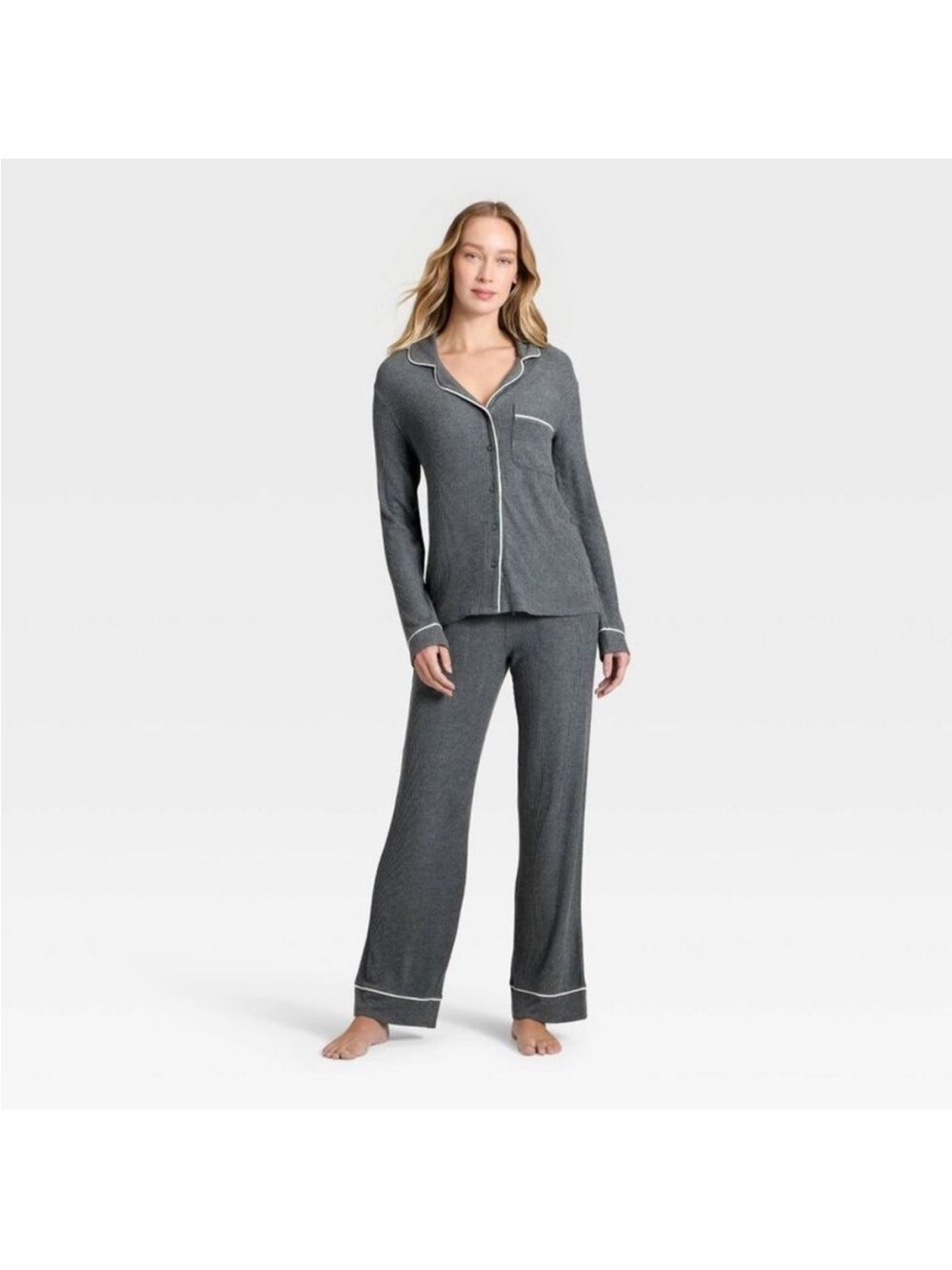 Auden Charcoal Gray Long-Sleeve Pajama Set with White Piping